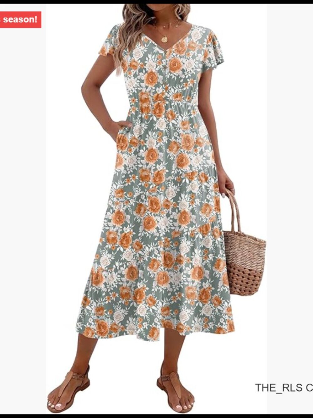 Polyester Spandex Flutter Sleeve V Neck Casual Dress With Pockets